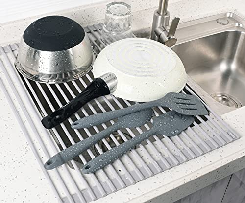 20.5 x 15.5 Inch Roll-Up Dish Drying Rack, Fits Across Sink Openings up to 19.5 Inches, Heavy-Duty Premium Silicone, Strong Support, Non-Slip, Heat-Resistant, Warm Gray - size: 20.5" x 15.5"
