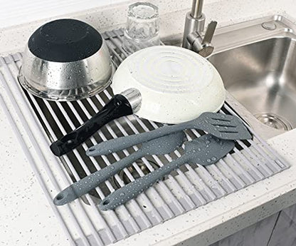 20.5 x 15.5 Inch Roll-Up Dish Drying Rack, Fits Across Sink Openings up to 19.5 Inches, Heavy-Duty Premium Silicone, Strong Support, Non-Slip, Heat-Resistant, Warm Gray - size: 20.5" x 15.5"