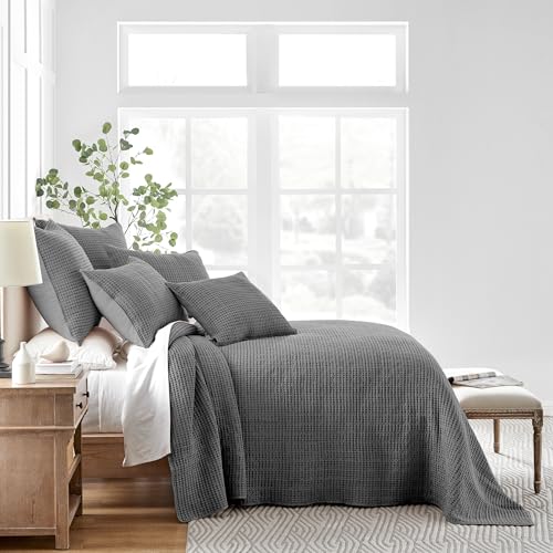 Levtex Home Mills Waffle Twin Bedspread Set (84x104in) with 1 Pillow Sham (26x20in) - Charcoal - 100% Cotton Twin Size Bedspread Set - Lightweight, Soft, Pre-Washed - color: Charcoal, size: Twin Bedspread