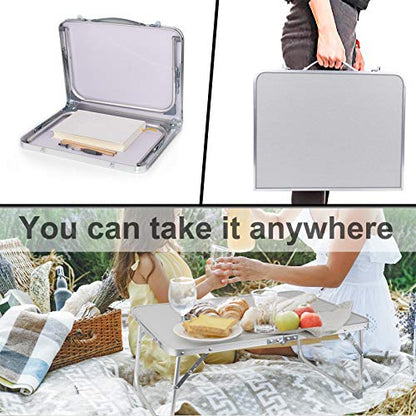 RAINBEAN Foldable Laptop Table for Bed Lightweight Breakfast Bed Tray Portable Mini Picnic Storage Space Standing Holder, Folding Leg Desk Notebook Lap Table for Kids Reading -Silver
