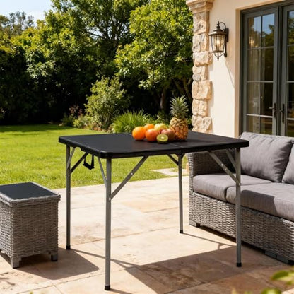 34" Folding Card Table, Heavy Duty Plastic Square Table - Portable Fold-in-Half w/Handle & Lock for Camping, BBQ, Party, Events, Black - size: 34‘’-Black