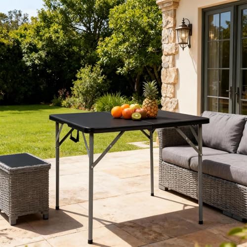 34" Folding Card Table, Heavy Duty Plastic Square Table - Portable Fold-in-Half w/Handle & Lock for Camping, BBQ, Party, Events, Black - size: 34‘’-Black