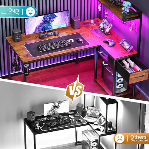 L Shaped Gaming Desk with Shelves, Corner Computer Table with LED Lights, Power Outlets and USB-C Ports, 42 Inch Reversible Home Office Desk with Storage Drawer, Work and Study, Rustic Brown