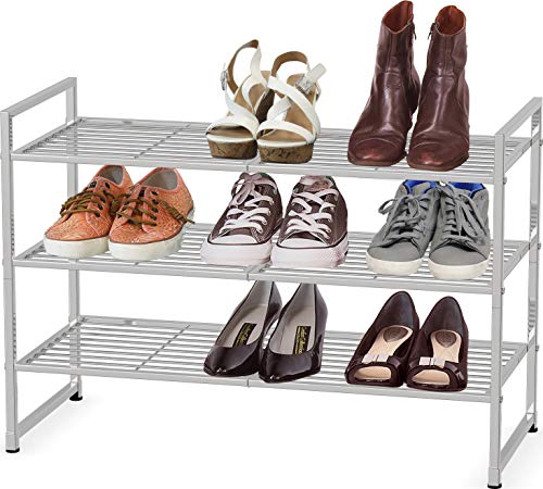 Simple Houseware 3-Tier Stackable Wired Grid Shoe Rack, Silver | 9 Pairs of Shoes Storage Organizer for Closet, Entryway, Garage & Corridor - color: Silver, style: Wired Grid Panel