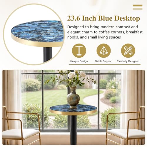 TesNus 23.6" Small Round Dining Table for 2, Circle Tulip Table, Faux Marble Top with Black Metal Pedestal Base, Modern Leisure Coffee Table for Small Spaces, Cafe, Office, Blue&Black - color: Blue Top&black Base
