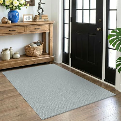 Washable Area Rug, Non Slip Entryway Rug, 4x5 Ft, Turquoise/Gray | Washable Cotton Braided Throw Rug, Non Slip Rubber Dot Backed, For Bedroom, Living Room, Entryway, Kitchen, Foyer - color: Turquoise/Gray, size: 4' x 5' (Rectangular)