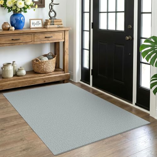Washable Area Rug, Non Slip Entryway Rug, 4x5 Ft, Turquoise/Gray | Washable Cotton Braided Throw Rug, Non Slip Rubber Dot Backed, For Bedroom, Living Room, Entryway, Kitchen, Foyer - color: Turquoise/Gray, size: 4' x 5' (Rectangular)