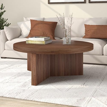 Henn&Hart 36" Scandinavian Fluted Coffee Table, Medium Walnut | Ribbed pedestal base and low profile bring Scandinavian style to small spaces including living rooms or family rooms - color: Medium Walnut, size: 36 inches