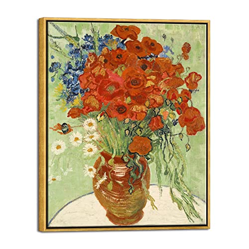Wieco Art Framed Wall Art of Red Poppies and Daisies by Vincent Van Gogh Paintings Reproduction Abstract Canvas Prints for Home Living Room Decorations Bronze Gold Frame - size: 24"L x 20"W