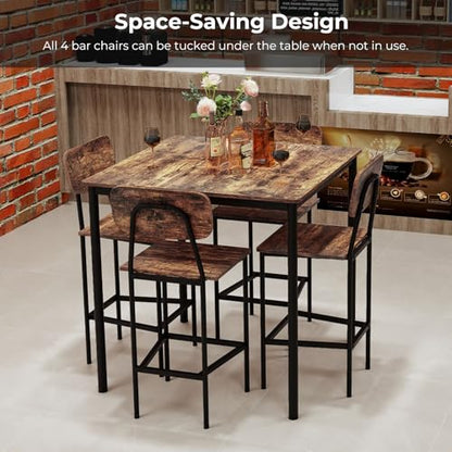 NAFORT Dining Table Set with Counter Height Table & 4 Bar Stools, 5-Piece Bar Table and Chairs with Footrest & Back Support, Space-Saving Dinette Set for Pub, Kitchen &Dining Room, Restaurant - color: Rustic Brown