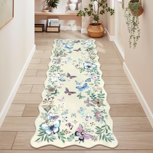 Washable Butterfly Runner Rug, 2x6 Rug Runners for Hallways Non-Slip Ultra Thin Soft Kitchen Runner Rug, Beige Boho Floral Scalloped Throw Carpet for Bathroom Laundry Entryway - color: Beige Butterfly, size: 2' x 6'