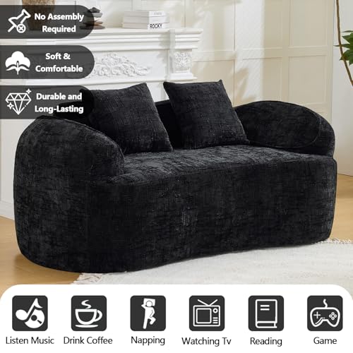 67" Curved Loveseat Sofa with 2 Pillows, Modern Boneless Couch in a Box, Small Cloud Loveseat for Bedroom Small Space Apartment Living Room, Memory Foam, Chenille, No Assembly (Black) - color: Black