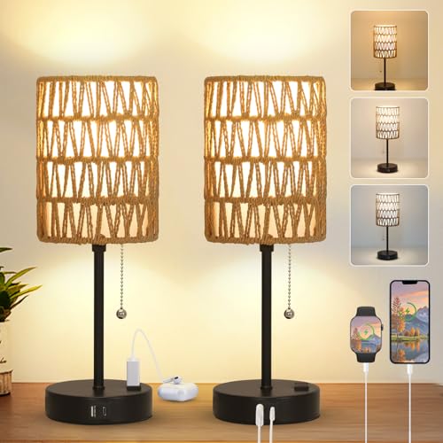 Rattan Bedside Table Lamps Set of 2 - Boho Lamps With 3 Color Temperatures & USB AC Port, Pull Chain Table Lamp For Bedroom, Cute Small Lamp For Nightstand Office Desk Bed Side End Table Living Room - color: Black-2pack-pullchain
