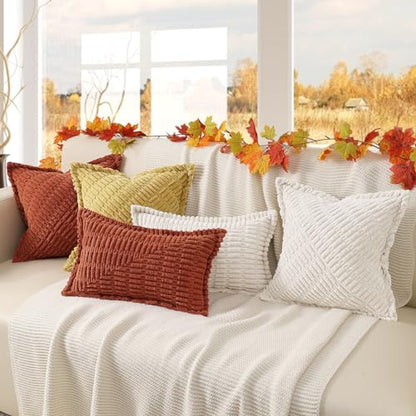 decorUhome Decorative Cream White Throw Pillow Covers 18x18 Set of 2 with Splicing, Boho Soft Corduroy Broadside Twill Spring Pillow Covers for Couch Bed Sofa Living Room | Boho Decorative Soft Broadside Twill Accent Modern Farmhouse Neutral Pillow Covers