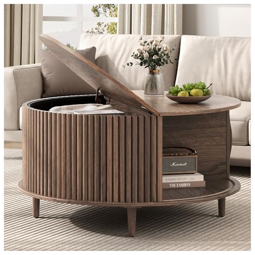 SULIVES Round Coffee Table with Storage,Mid Century Modern Coffee Table with Sliding Door,Fluted Center Table with Solid Wood Legs,Small Coffee Table for Living Room,Walnut - color: Walnut_round