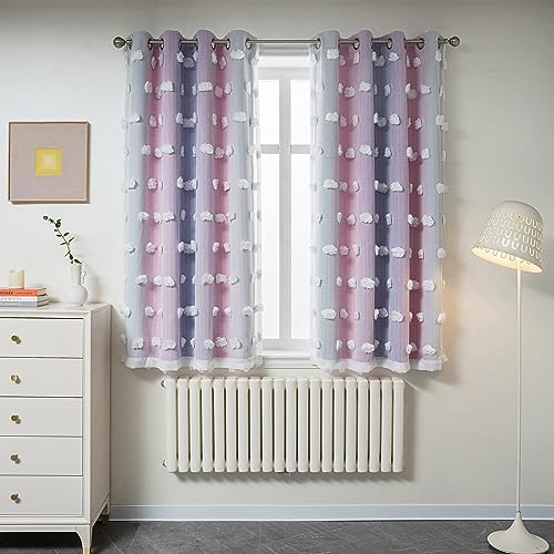 MYSKY HOME Pink Purple Curtains for Girls Bedroom - 54 Inch Long White Pom Pom Sheer Small Double Layer Grommet Room Darkening Nursery Curtains, 52 X 54 in - color: Pink Purple, size: 52"W x 54"L (Pack of 2)