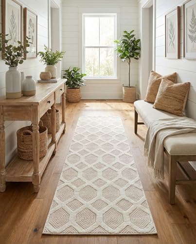 Rugs.com - Sabrina Soto Casa Rug – 12 Ft Runner Beige Textured Cotton Rug Modern Geometric Design for Hallways and Entryways - color: Beige, size: 2'7" x 12' (Runner)