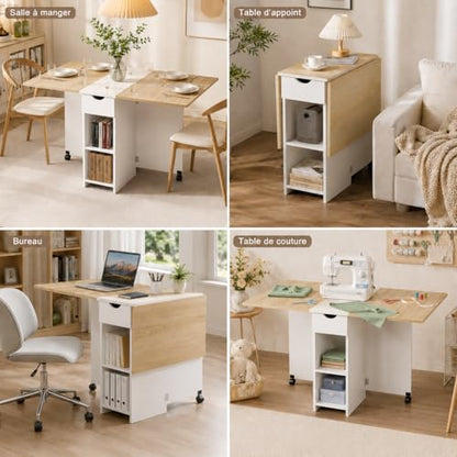 Mondeer Folding Dining Table with Drawer and Shelves, Oak & White | Drop Leaf Kitchen Table with 1 Drawer and 2 Storage Shelves in Modern Style for Small Spaces and Seats 4-6 People. - color: Oak & White