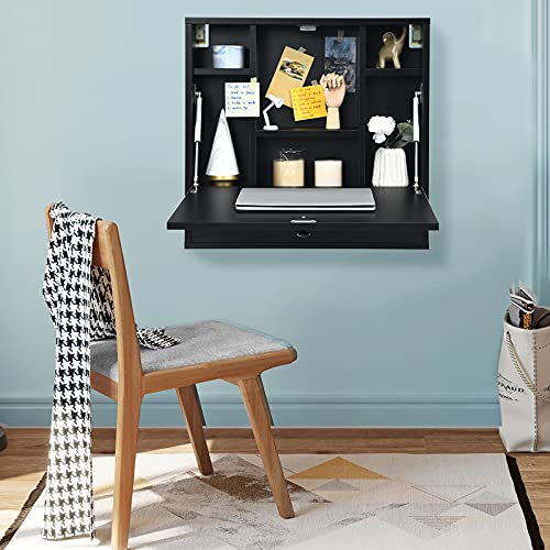 Tangkula Pneumatic Floating Desk - Wall Mounted Laptop Desk with Magnetic Foldable Tabletop, Space Saving Table with Storage Drawer and Shelves (Black) - color: Black