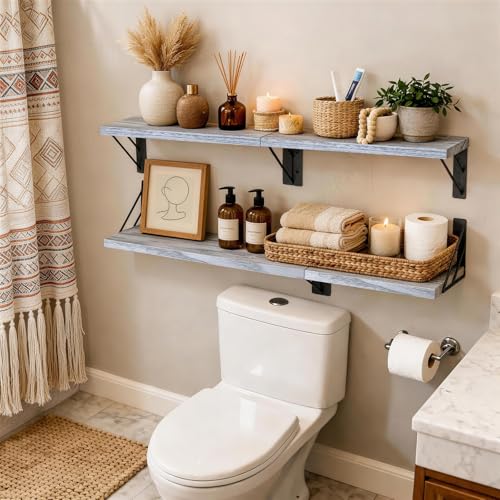 BAYKA Wall Shelves for Bedroom Decor, Floating Shelves for Living Room Kitchen Storage, Wall Mounted Rustic Wood Floating Shelves for Kids Books, Corner Shelf for Bathroom(Gray White，Set of 4) - color: E. Gray White Board & Black Brackets, size: 16-inch
