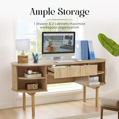 Executive Office Desk with Storage, 63 Inch Large Computer Workstation Desk with Drawer and File Cabinets, Mid Century Modern Fluted Wood Writing Desk for Home Office, Study Room, Living Room, Natural - color: Natural