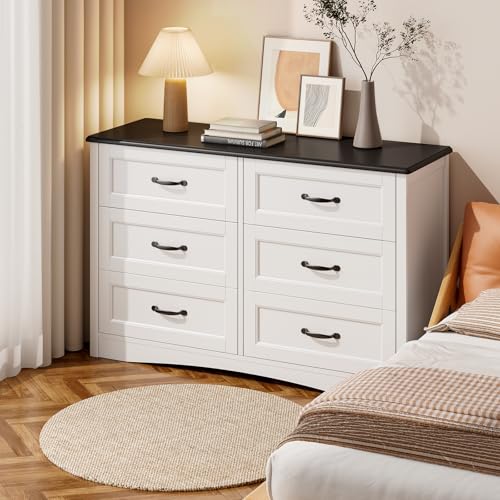 Gizoon 47" 6 Drawer Dresser, White & Black Chest of Drawers Bedroom | 6 drawer wood dresser with metal handles. Storage cabinet organizer for bedroom, kids nursery room and home office - color: White-black