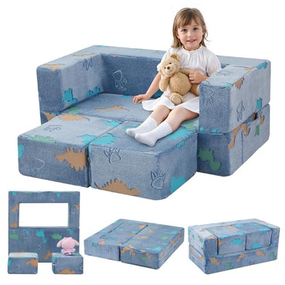 MeMoreCool Glow Modular Kids Couch, Dinosaur | modular foam seating, removable washable cover, dinosaur glow design, lightweight pieces, playroom furniture - color: Denim Dinosaur