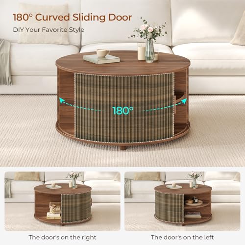 Round Lift Top Coffee Table, 34.6" Modern Coffee Table with 180° Curved Sliding Door, Fluted Accent Coffee Tables with Hidden Storage and Open Shelves, for Living Room, Office, Walnut - color: Walnut