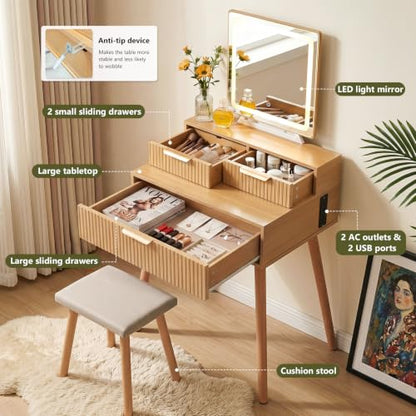 Small Vanity Desk with Lights Mirror, Compact Makeup Vanity Table with Stool, Fluted Wood Vanity with Power Outlet, 3 Color Adjustable LED, Large Drawers, Modern Dressing Table for Bedroom