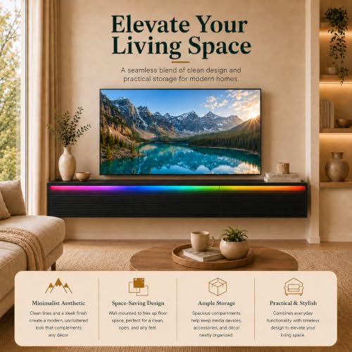 Black Floating TV Stand, 68.9 inch Wall Mounted Media Console with Storage | Mounted TV Console for Living Room,for 75"–80" TVs. - color: Black-h
