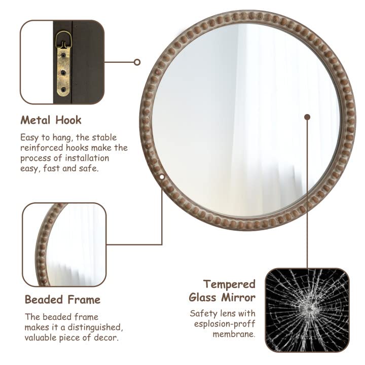 COZAYH Distressed Wood Frame Accent Mirror, Rustic Farmhouse Style Decorative Wall Mirror (Round) - size: 29.2"L x 1"W