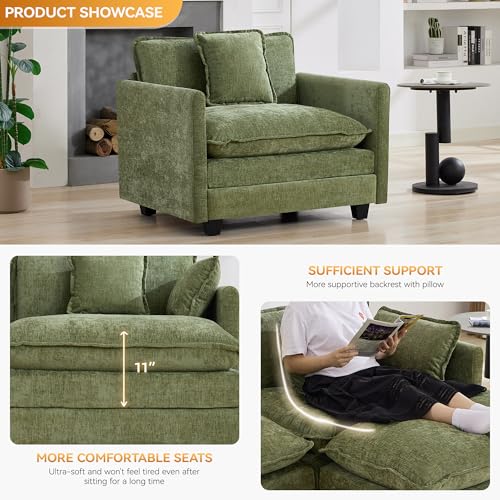 WUTUTUEE 41'' Modern Chenille Oversized Chair, Upholstered Accent Living Room Chair with Extra Thicked Deep Seat, Single Lounge Chair for Bedroom, Small Apartment,Green - color: Green, size: 41'' Single Seat