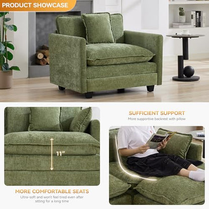 WUTUTUEE 41'' Modern Chenille Oversized Chair, Upholstered Accent Living Room Chair with Extra Thicked Deep Seat, Single Lounge Chair for Bedroom, Small Apartment,Green - color: Green, size: 41'' Single Seat