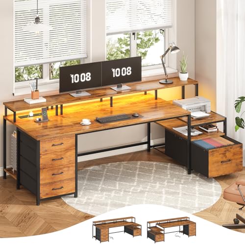 SEDETA 75'' Large Home Office Desk with 5 Drawer, Power Outlet, File Drawer | 23.6" W Desktop Computer Desk with Storage Shelves, Monitor Shelf, Led Lights, for Home Office, Bedroom, Dorm, Rustic Brown - color: Rustic Brown, size: 75X23.6inch