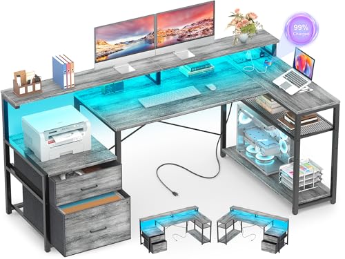 Aheaplus L Shaped Desk with File Drawer, Reversible L Shaped Computer Desk Gaming Desk with Power Outlet & LED Strip, Home Office Desk with Monitor Shelf, Corner Desk with Storage Shelves, White Oak - color: White Oak