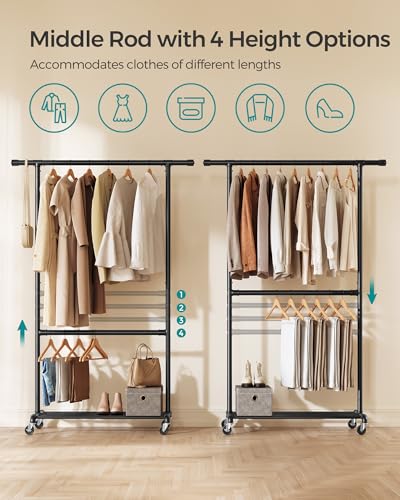 SONGMICS Heavy-Duty Clothes Rack, Double-Rod Clothing Rack for Hanging Clothes, Industrial Garment Rack on Wheels, Adjustable Metal Frame, 2 Casters with Brakes, Commercial Display, Black UHSR62BK | Industrial Garment Rack for Hanging Clothes, 2 Casters w