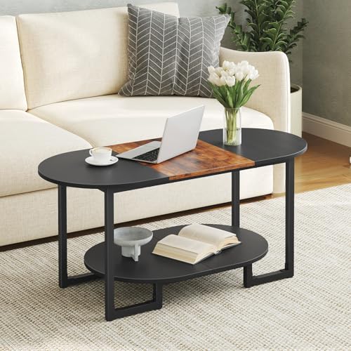 HOOBRO Coffee Table for Living Room, Oval Small Coffee Table with 2-Tier Open Storage Shelf, Industrial Cocktail Tea Table, Wooden Desktop Center Table, Home Office, Rustic Brown and Black BFK09KF01 - color: Rustic Brown and Black
