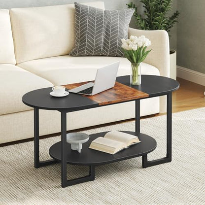 HOOBRO Coffee Table for Living Room, Oval Small Coffee Table with 2-Tier Open Storage Shelf, Industrial Cocktail Tea Table, Wooden Desktop Center Table, Home Office, Rustic Brown and Black BFK09KF01 - color: Rustic Brown and Black