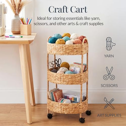 Best Choice Products 3-Tier Round Rolling Nursery Caddy w/Wheels, Handwoven Utility Cart, Storage Organization for Bathroom, Craft Room, Laundry Room - Natural - color: Natural