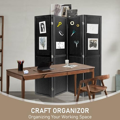 4 Panel Pegboard Room Divider | Folding Freestanding Display Screen, Privacy Partition for Retail, Craft Shows, Home Office, and Exhibition Use Black - color: Black-4 Panel, size: 4 Panel