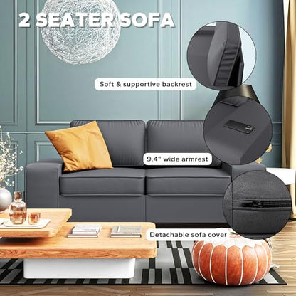 71" Leathaire Loveseat Couch, 2 Seater Retro Sofa with 4 Side Pockets, Removable and Washable Cushions, Living Room，Apartment, Office (Dark Grey) - color: Dark Grey Leathaire, size: 71 "