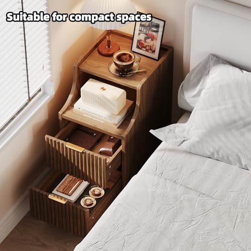 Narrow Nightstand Set of 2,11.8" Fluted Bedside Table Set of 2, Slim Side End Table with 2 Drawers, Wooden Bedside Table, Mid Century Modern Night Stand for Bedroom Livingroom Sofa Office - color: Walnut,11.8" With 2 Drawers