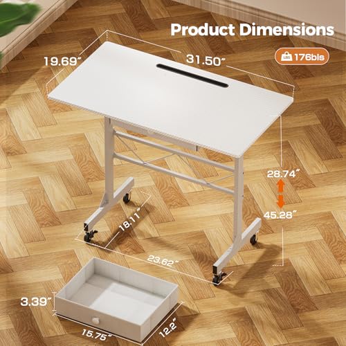 COMHOMA Portable Standing Desk Adjustable Height 30.7"-46.4", Standing Desk with Drawers, Mobile Rolling Computer Desk for Home Office Work and Walking Pad Treadmill, Carbon Fiber White - color: Carbon Fiber White, size: 31.5 IN