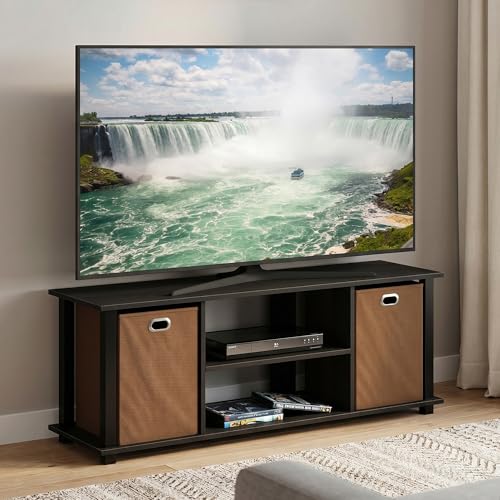 3-Tier Rectangular Entertainment Center with Open Back and Storage Bins, TV Console for TV up to 46 Inch, TV Stand, for Bedroom, Living Room, Americano - color: Americano, size: Fit TV up to 46 in