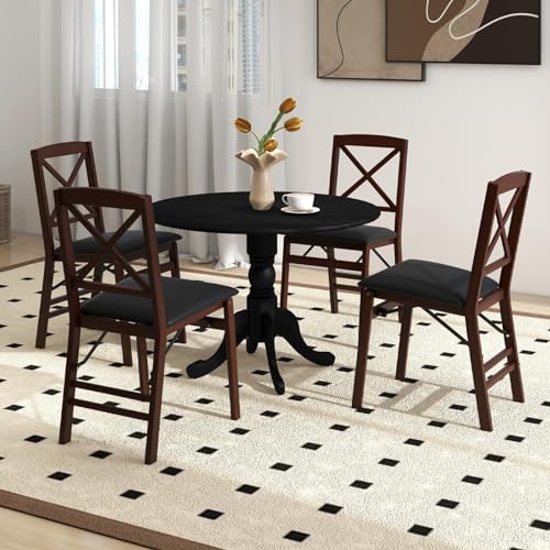 COSTWAY Round Dining Table for 4, 39 inch Kitchen Table with Solid Rubber Wood Frame, Adjustable Foot Pads, Curved Trestle Legs, Mid Century Rustic Dinning Table for Living Room, Black | Adjustable Foot Pads, Curved Trestle Legs, Mid Century Rustic Dinnin