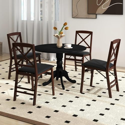 COSTWAY Round Dining Table for 4, 39 inch Kitchen Table with Solid Rubber Wood Frame, Adjustable Foot Pads, Curved Trestle Legs, Mid Century Rustic Dinning Table for Living Room, Black | Adjustable Foot Pads, Curved Trestle Legs, Mid Century Rustic Dinnin