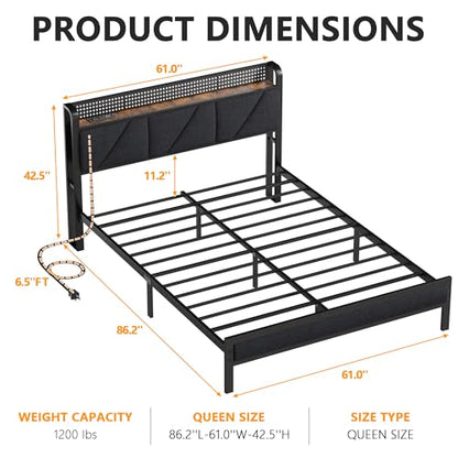 Queen Bed Frame with Storage Shelf and Upholstered Headboard | Metal Platform Bed with LED Light, Charging Station and Heavy Duty Slats, No Box Spring Needed, Noise Free & Easy Assembly - size: Queen, style: Bed Frame