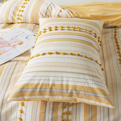Washed Cotton Twin Size Duvet Cover Set - Tufted Dots Boho Chic Bedding for All Seasons, Striped Bohemain Bedding Linen Like Textured Breathable Durable Soft Comfy (Yellow, 66''x90'') - color: Yellow, size: Twin