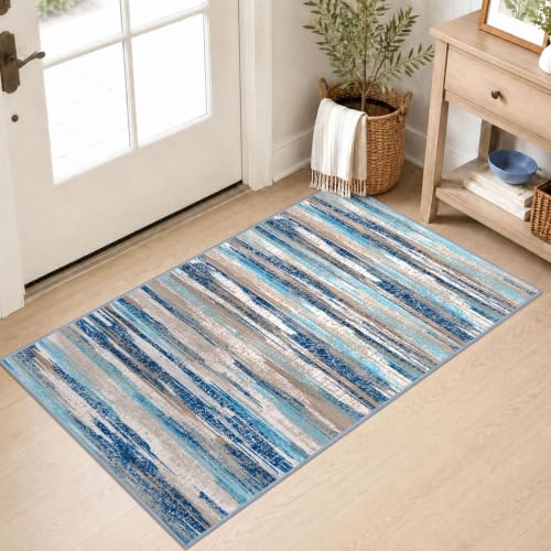 Lansny Modern Abstract Washable 2x4 Runner Rug Non Slip Entryway Runners | Blue;Thin Printed Faux Wool Kitchen Rugs;Hallway Runner Rug;Floor Carpet Ruuner for Bedroom, Laundry Room;Non Skid Door Mat - color: Blue Aqua/Beige Taupe Multi, size: 2' x 4' (Run