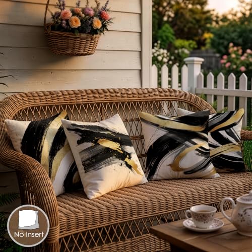OBSEDE Abstract Black Gold Ink Brush Throw Pillow Covers 18 x 18 Set of 4 | Faux Linen, Hidden Zipper, Modern Brush Stroke Art, Living Room Accent, Fade Resistant Print, Sofa Couch Decor, Single Side - color: Gold Ink Abstract Brushstrokes, size: 18" x 18